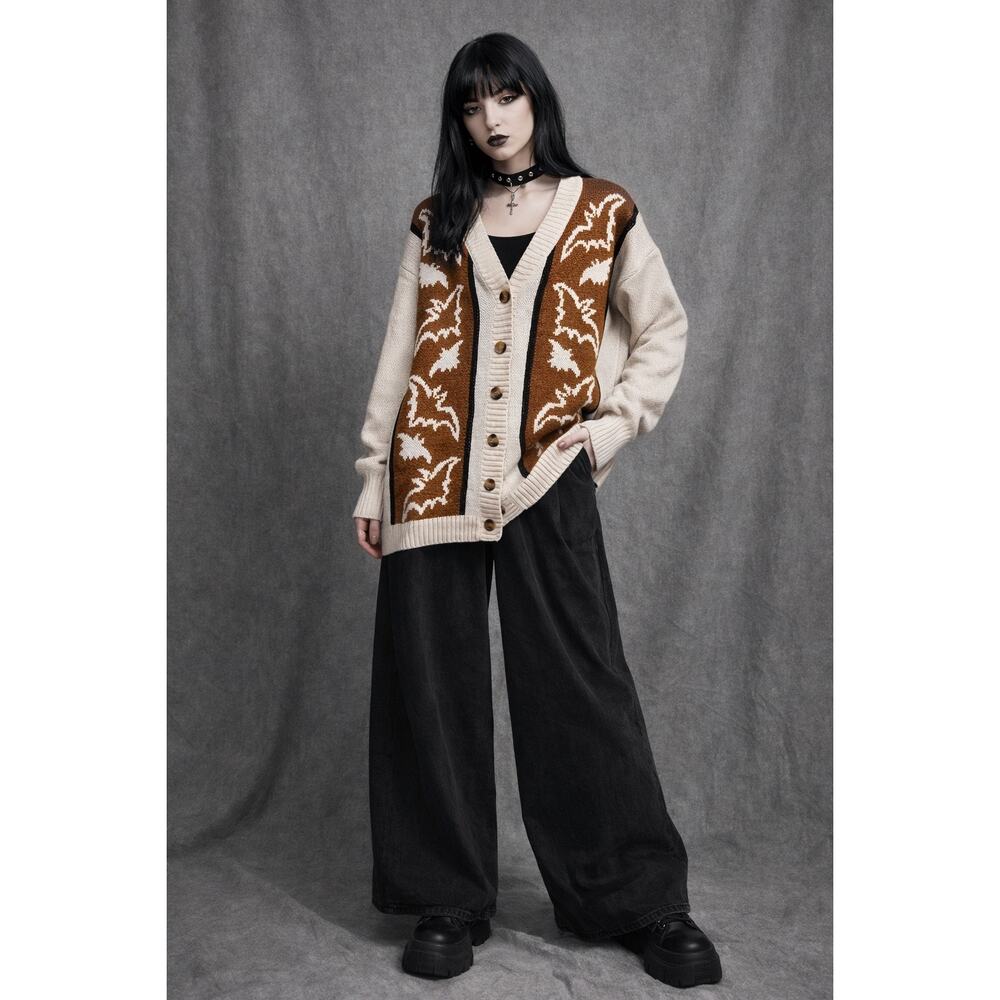 SHEIN Bat Print Cardigan Sweater Brown Cream Button Front Halloween Goth Size L